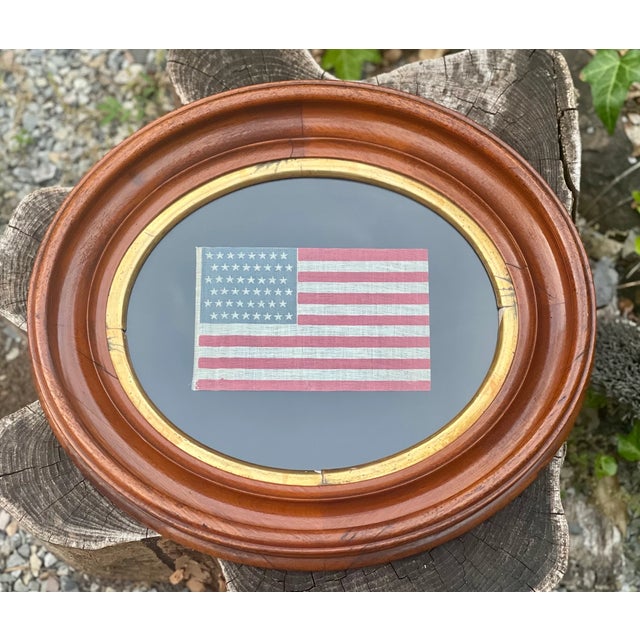 Wood Antique American Flag Staggered 48 Stars Glazed Cotton in Antique Walnut Gilt Frame For Sale - Image 7 of 7