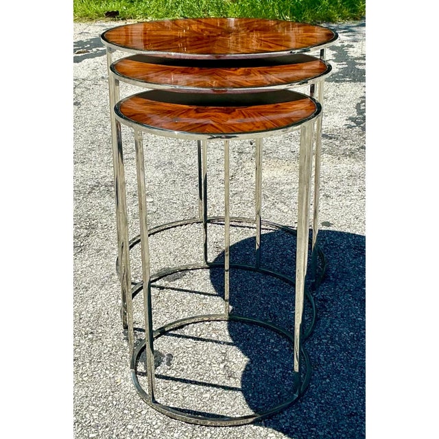 Vintage Contemporary Theodore Alexander Burl and Chrome Nesting Tables - 3 Pcs For Sale - Image 10 of 11