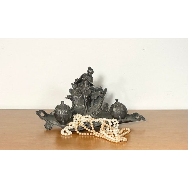 Antique Art Nouveau Pewter Double Inkwell Naked Woman Dragonfly, C. 1880s-1900s For Sale - Image 11 of 12