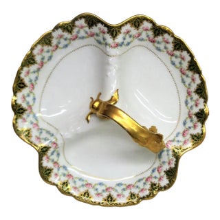 18th Century Limoges France Déposé Hand-Painted Divided Dish With Gold Handle (C. 1891–1914) For Sale