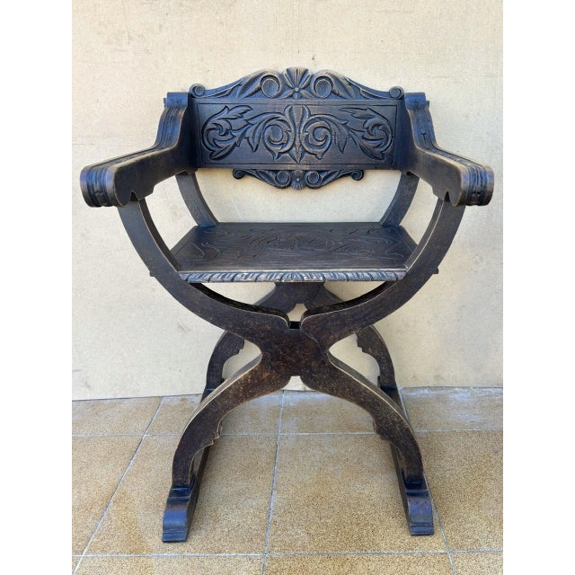 Brown Spanish Renaissance Revival Carved Savonarola Chairs, 1920, Set of 2 For Sale - Image 8 of 11