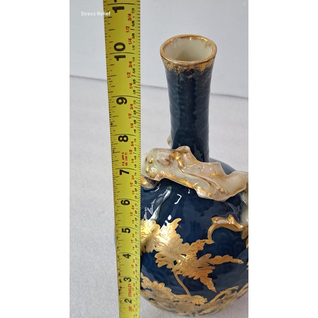 Antique Jean Pouyat Limoges Cobalt Blue & Gilt Porcelain Bottle Vase With Branch Handle For Sale - Image 11 of 12