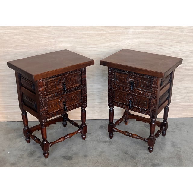 20th Century Pair of Spanish Nightstands With Two Drawers and Iron Hardware For Sale - Image 6 of 11