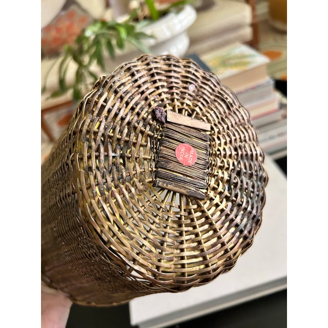 Vintage Solid Brass Woven Basket With Swing Handles For Sale - Image 9 of 12