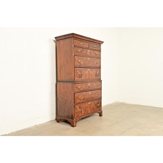 Queen Anne 18th Century Antique English Chippendale Burled Walnut Highboy Dresser For Sale - Image 3 of 15