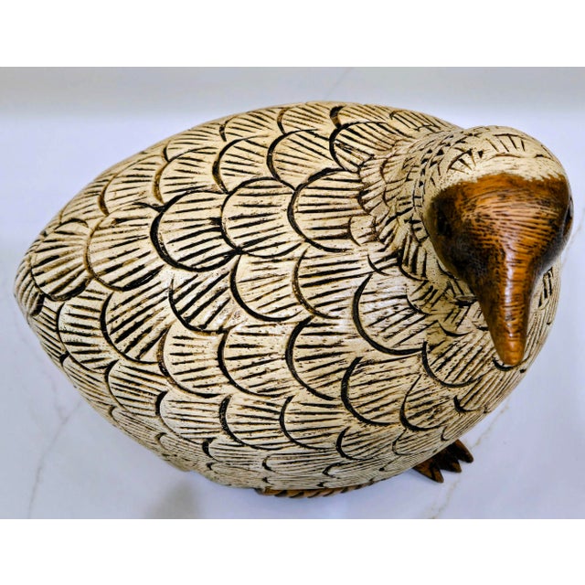 Wood Vintage Hand-Carved Teak Partridge Figurine – Signed Thai Folk Art Bird Sculpture For Sale - Image 7 of 10