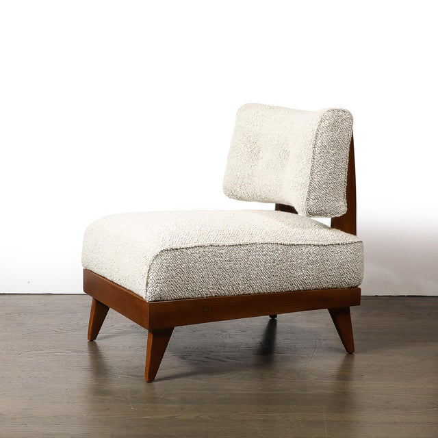 Mid-Century Modernist Sculptural Oak Lounge Chairs in Off White Boucle For Sale - Image 4 of 17