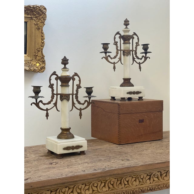 Pair of Louis XVI Style 19th Century Gilt-Bronze and Gilt-Metal and Marble Candelabra Dimensions: 11W 4D 13H