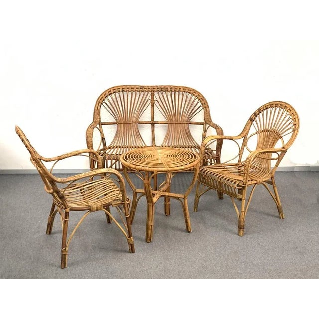 Mid-Century Modern Mid-Century Italian Rattan & Bamboo Sofa, Armchairs & Coffee Table, 1960s, Set of 4 For Sale - Image 3 of 17
