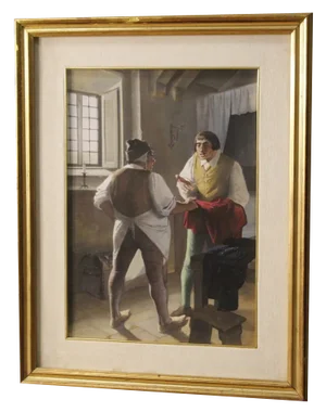 Italian Artist, Interior Scene with Characters, 1970, Mixed Media on Cardboard, Framed