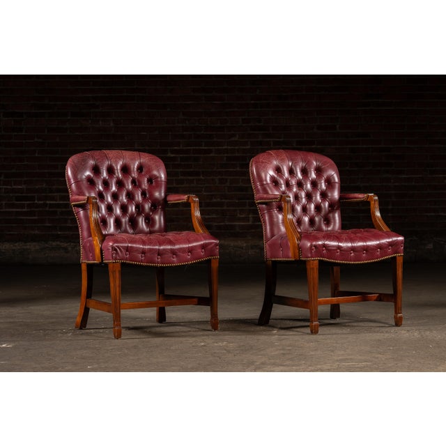 Traditional Late 20th Century Pair of Tufted Leather Round-Back Dining Chairs in Burgundy For Sale - Image 3 of 12
