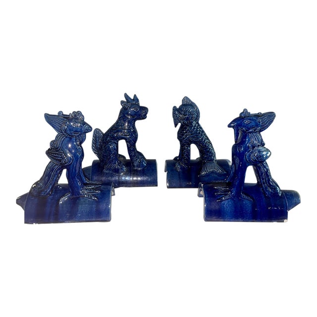 Vintage Cobalt Blue Chinese Ceramic Roof Tile Figurines - Set of 4 For Sale