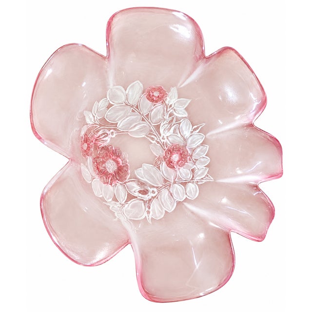 Late 20th Century Vintage Mikasa "Rosella" Pink Floral Frosted & Clear Glass 3 Piece Hostess Set - Bowl, Platter & Vase- R For Sale - Image 5 of 5