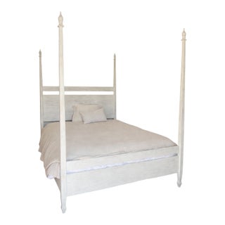Distressed White Four Poster Queen Bed Frame – Restoration Style For Sale