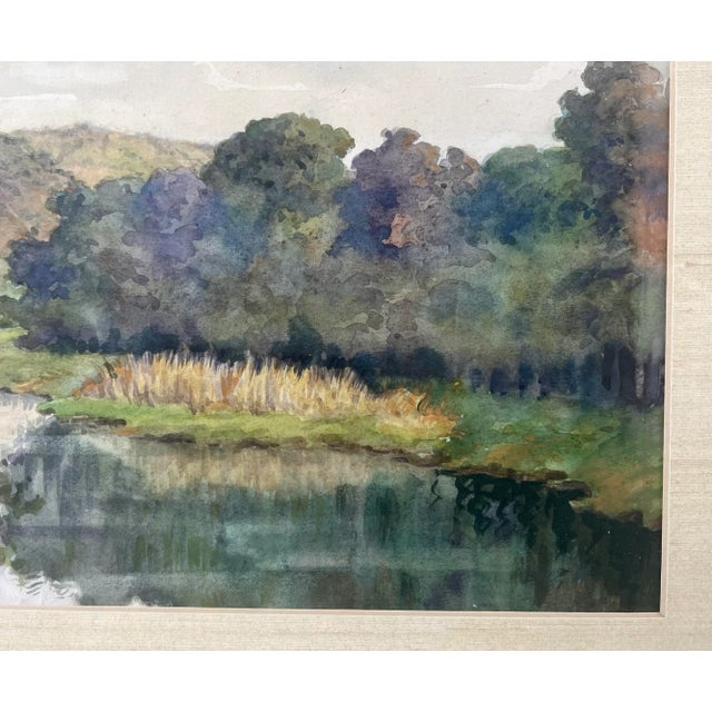 Mid 20th Century Watercolor Landscape River Painting in Faux Bamboo Frame For Sale - Image 5 of 13