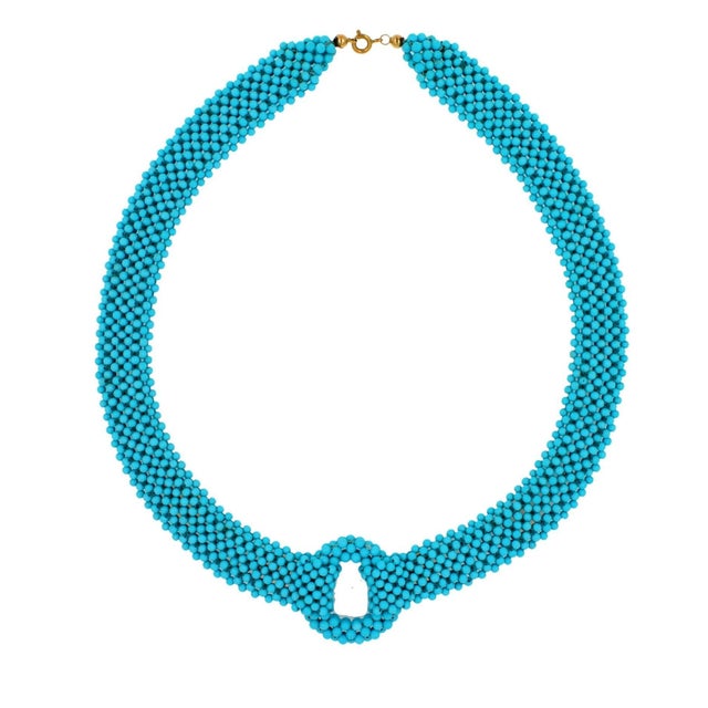 Teal Blue Turquoise Round Fancy Beads Short Unique Choker Gold Statement Necklace Width of Necklace: 16mm Center Width:...