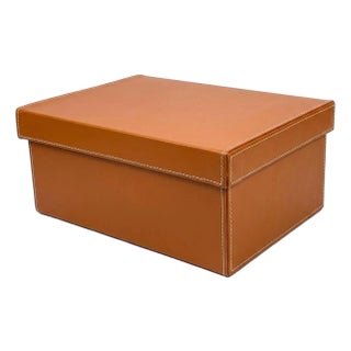 Vintage Custom Quality Cognac Brown Leather Storage Box With Lid For Sale