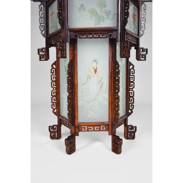 Large Antique Asian Carved Wood Lantern with Dragons & Painted Glass Panels, 1900s For Sale - Image 9 of 18
