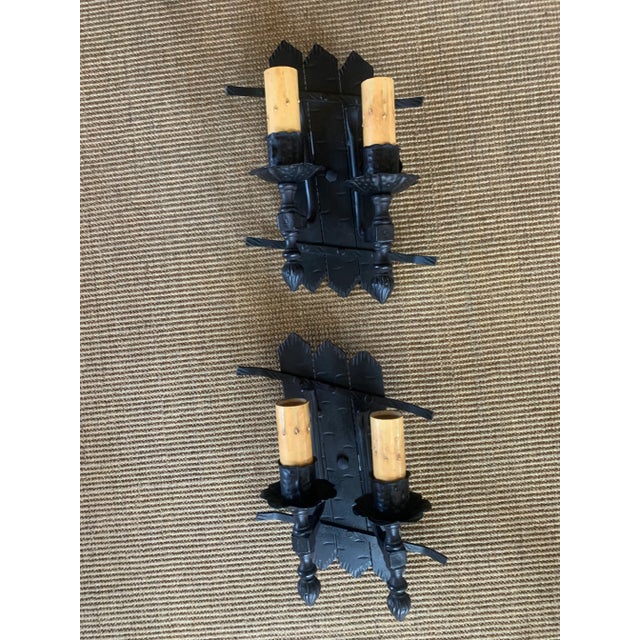 Black 1910s Wrought and Cast Iron Wall Sconces - a Pair For Sale - Image 8 of 10