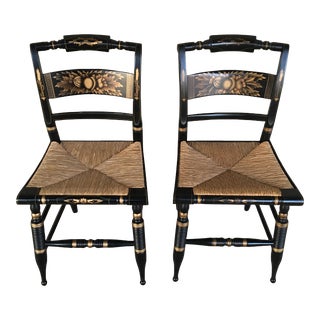L. Hitchcock Maple Harvest Rush Bottom Slat Back Ebonized Inn Chairs - a Pair For Sale