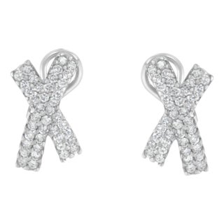 14K White Gold 2.0 Cttw Round-Brilliant Cut Diamond Domed X Shaped Omega Back Stud Earrings (H-I Color, I1-I2 Clarity) For Sale