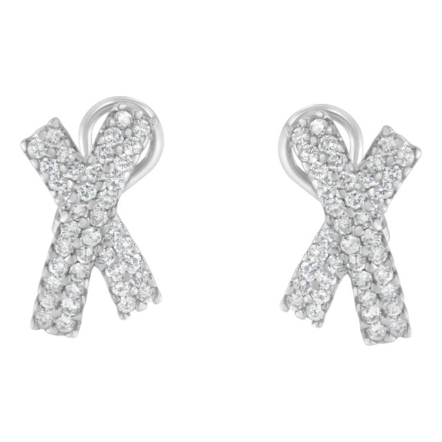 14K White Gold 2.0 Cttw Round-Brilliant Cut Diamond Domed X Shaped Omega Back Stud Earrings (H-I Color, I1-I2 Clarity) For Sale