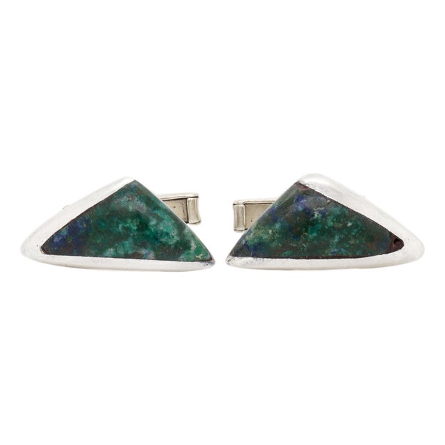 Signed Mexican Space Age Azurmalachite H. Arriaca Sterling Silver Cufflinks For Sale