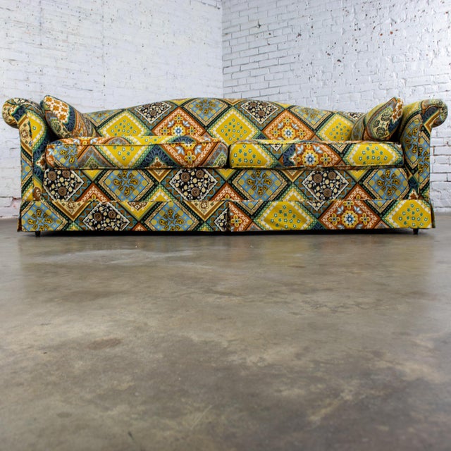 Boho Chic Late 20th Century Camelback Sofa W/Multicolored Patchwork Fabric & Tight Back by Rowe Furniture For Sale - Image 3 of 18