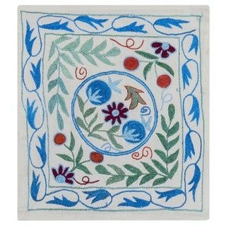 Colorful Silk Suzani Cushion Cover, Uzbek Hand Embroidery Toss Pillow. 16"x18" For Sale