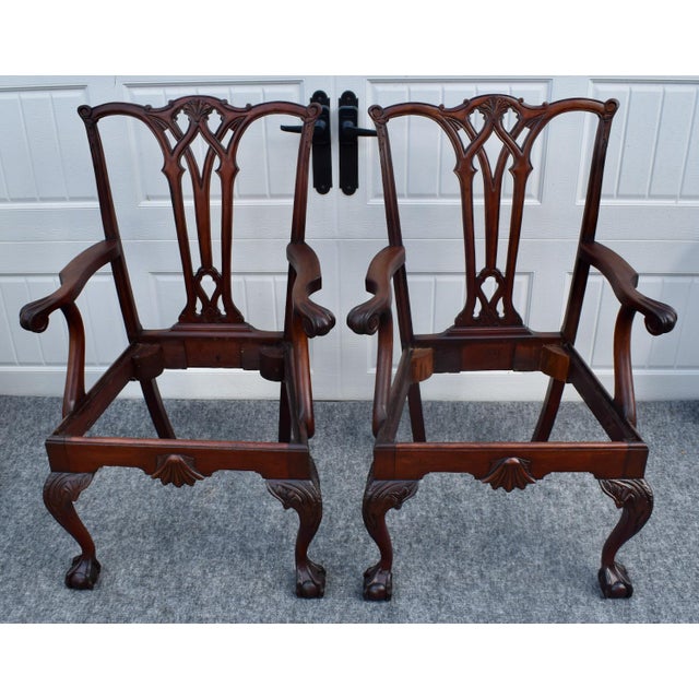 Antique Pair Mahogany Armchairs Chippendale Style Carved Ball Claw Foot Dining For Sale - Image 16 of 18
