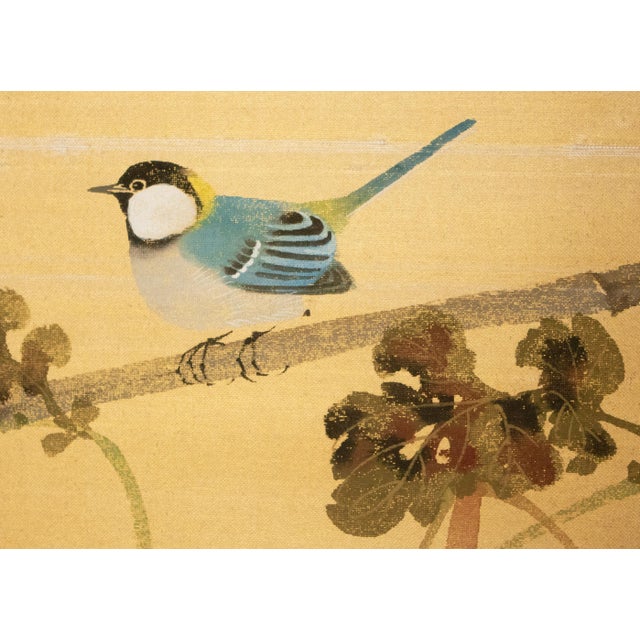 "Tit and Chrysanthemums", Showa Era Japanese Painted Silk Bybu Screen For Sale - Image 11 of 18