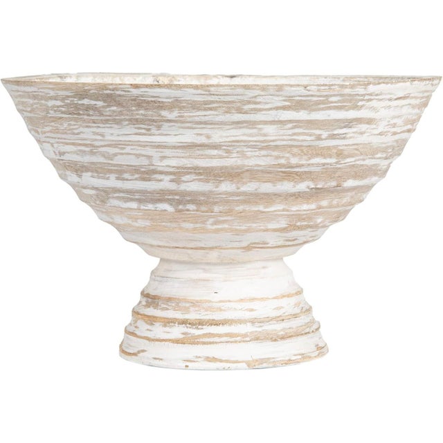 Coastal Boho Whitewashed Wood Pedestal Serving Bowl For Sale - Image 3 of 7