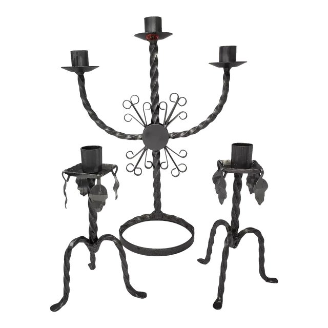 Set of 3 Metal Candelabra Candle Holders Svensk Kvalitetsprodukt Smedjan Sweden Mid 20th Century For Sale