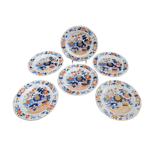 Early 19th Century Georgian Masons Ironstone Imari Japan Basket 9 1/2' Luncheon Plate Set of 6