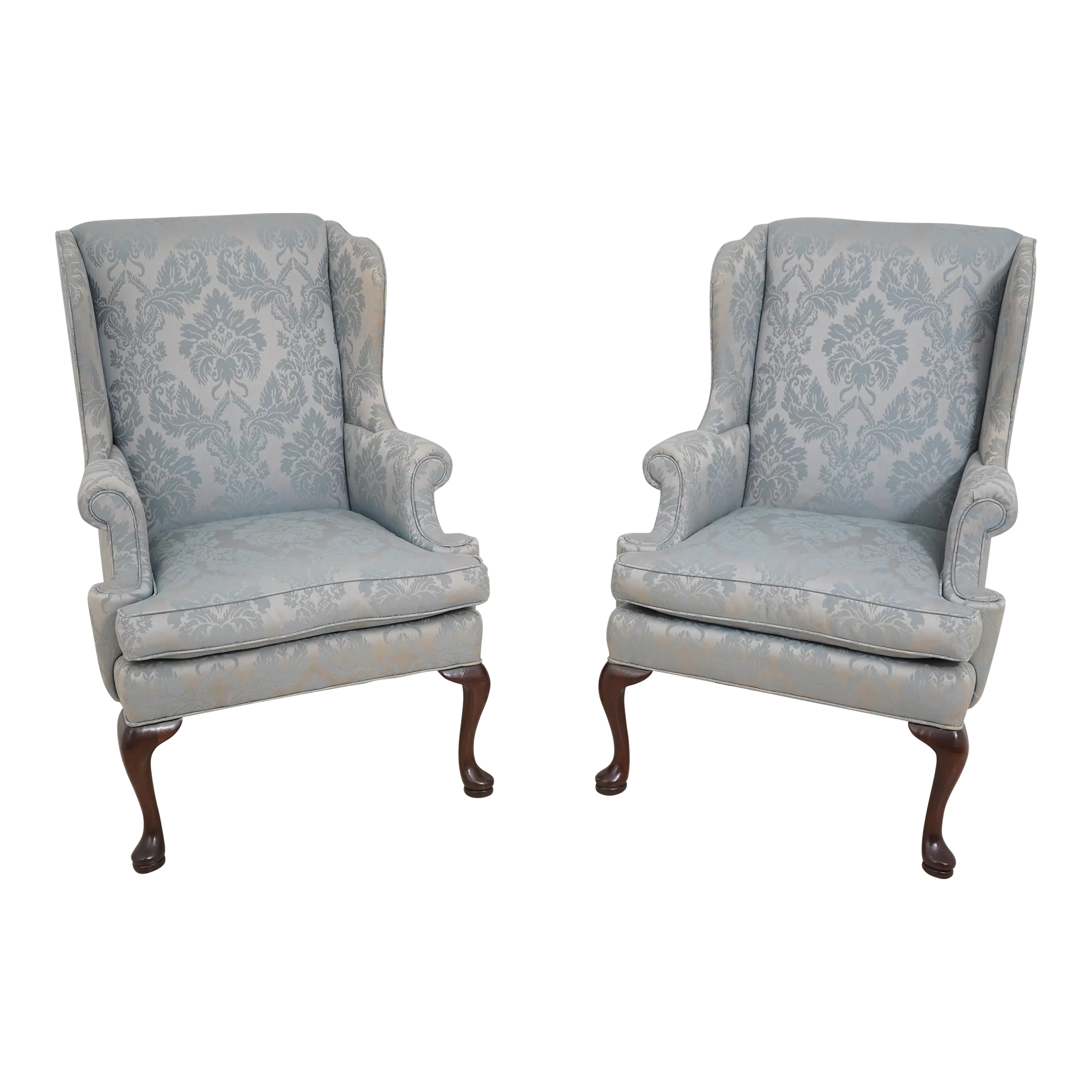 Pair Hickory Chair Co Blue Damask Wing Back Easy Chairs Chairish - Main Image