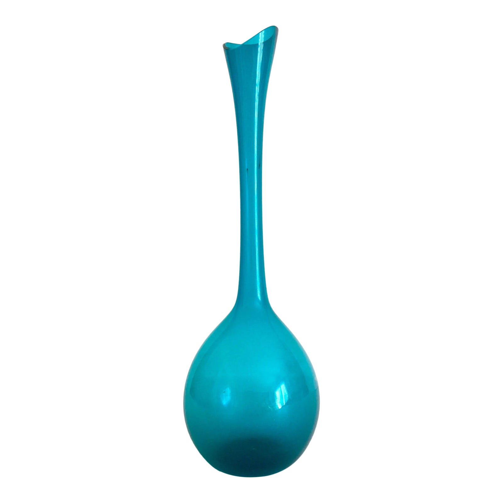 Vintage Mid Century Modernist Hand Blown Aqua Teal Blue Art Glass