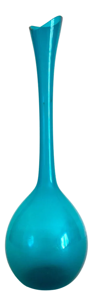 Vintage Mid Century Modernist Hand Blown Aqua Teal Blue Art Glass Bottle Vase