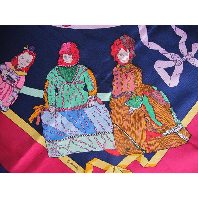 Hermes Paris Carre 90 Hello Dolly Dolls Print Blue Pink 100% Silk Scarf For Sale - Image 11 of 12