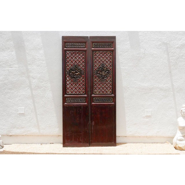 Chinese Dragon's Gaze Pair of Early 20th Century Chinese Lattice Door Panels For Sale - Image 3 of 9