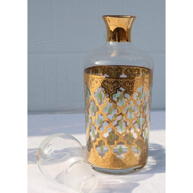 1960's Culver Valencia 22k Gold Green Diamond Decanter, Stopper and 6 Wine Glasses For Sale In Cincinnati - Image 6 of 8