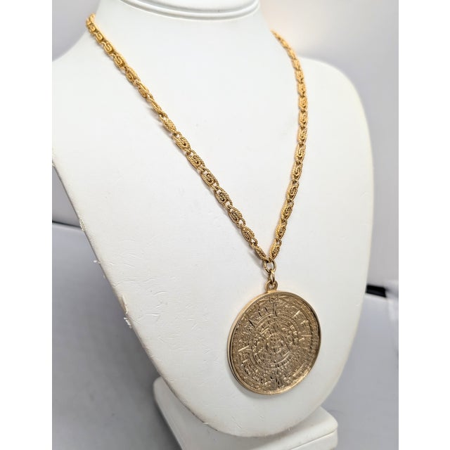 Napier Vintage 1970s Signed Napier Goldtone Aztec Inspired Round Pendant Necklace For Sale - Image 4 of 7