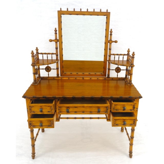 Fine Faux Burnt Bamboo Vanity Dressing 5 Drawers Table Tilting Mirror MINT For Sale - Image 11 of 18