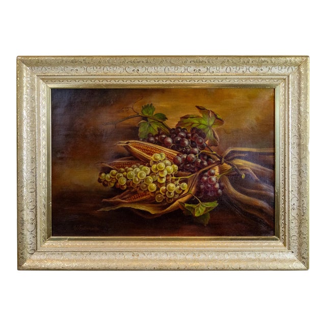 Still Life Oil on Canvas With Grapes and Corn by Giuseppe Falchetti, Ca. 1875 For Sale