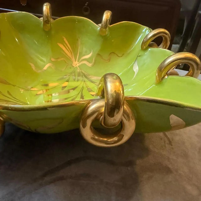 Green 1950s Gio Ponti Style Green and Gold Ceramic Italian Square Bowl by Essepi For Sale - Image 8 of 13