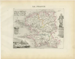 Map of Finistère France with Brest, 1800s