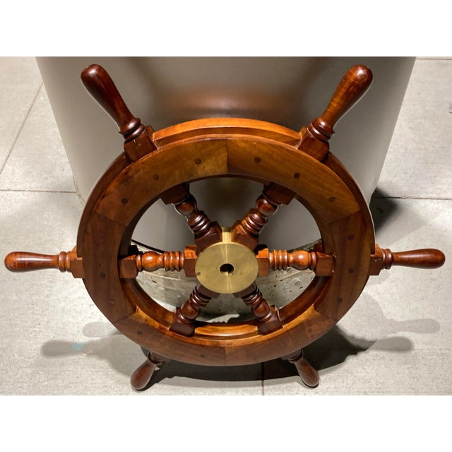 Mid 20th Century Mid 20th Century Scandinavian Solid Teak Yacht Wheel With Heavy Brass Hub For Sale - Image 5 of 13