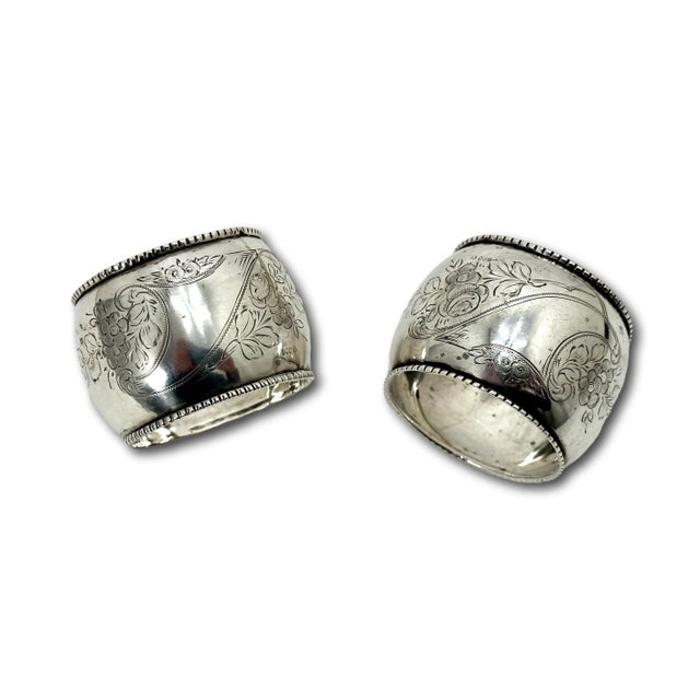 Antique Germany 800 Grade Continental Coin Silver Napkin Rings With Hand Engraved Flowers - a Pair For Sale - Image 10 of 12