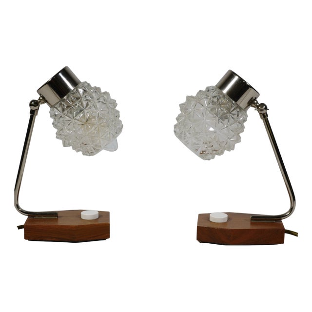 Mid-Century Modern Table Lamps in Crystal Glass and Teak, 1960s, Set of 2 For Sale