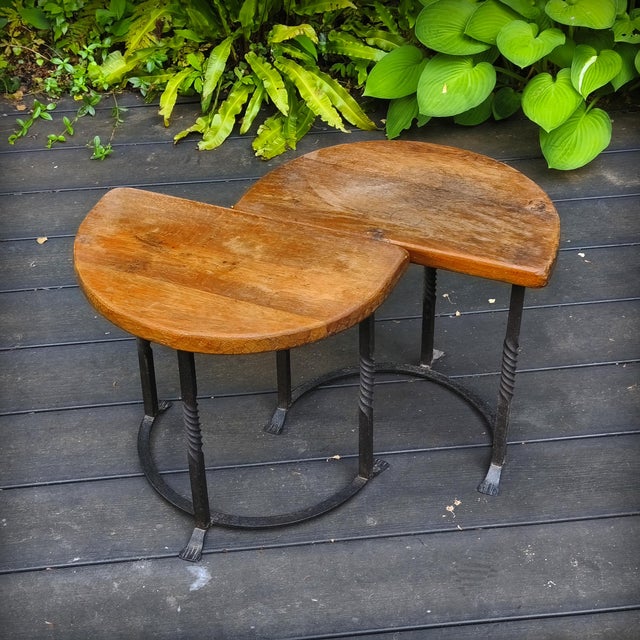 Pair of half-moon side tables, handcrafted in France in the first half of the 20th century. We estimate they were made in...