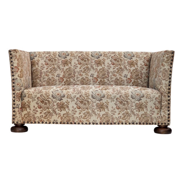 Danish Oak 2-Seater Sofa in Beige & Brown Furniture Fabric, 1950s For Sale